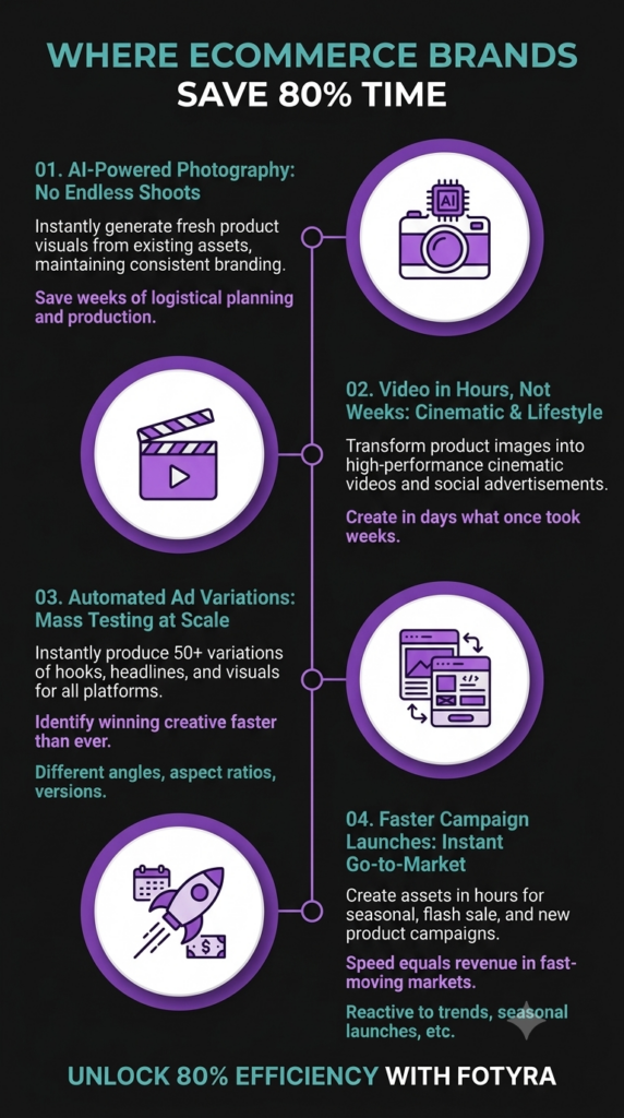 A vertical, minimalist infographic for Fotyra titled "Where Ecommerce Brands Save 80% Time" on a dark charcoal background (#111111). The layout follows a central vertical timeline structure using a purple accent line (#8348bf) and teal text highlights (#55a8a8) to guide the reader through four distinct sections, alternating between text and large white circular display icons.
Header: Features the main title "WHERE ECOMMERCE BRANDS SAVE 80% TIME" in bold teal and white typography.
Section 01 (Top Right): A white display circle houses a purple camera icon with an AI microchip. The text on the left reads "01. AI-Powered Photography: No Endless Shoots," explaining how brands instantly generate premium visuals from existing assets to save weeks of planning.
Section 02 (Middle Left): A white display circle features a purple video clapperboard icon with a play symbol. The text on the right reads "02. Video in Hours, Not Weeks: Cinematic & Lifestyle," highlighting the transformation of product images into high-performance ads in days instead of weeks.
Section 03 (Middle Right): A white display circle shows dual smartphone screens with contrasting code layouts and a swap arrow. The text on the left reads "03. Automated Ad Variations: Mass Testing at Scale," describing the instant production of over 50 variations of hooks, headlines, and angles to identify winning creative assets faster.
Section 04 (Bottom Left): A white display circle contains a purple rocket launching past a calendar and a dollar sign cash graphic. The text on the right reads "04. Faster Campaign Launches: Instant Go-to-Market," emphasizing that speed equals revenue when launching seasonal and flash sales in hours rather than weeks.
Footer: Concludes with a prominent call-to-action bar at the bottom reading "UNLOCK 80% EFFICIENCY WITH FOTYRA" in clean, bold white and teal lettering.